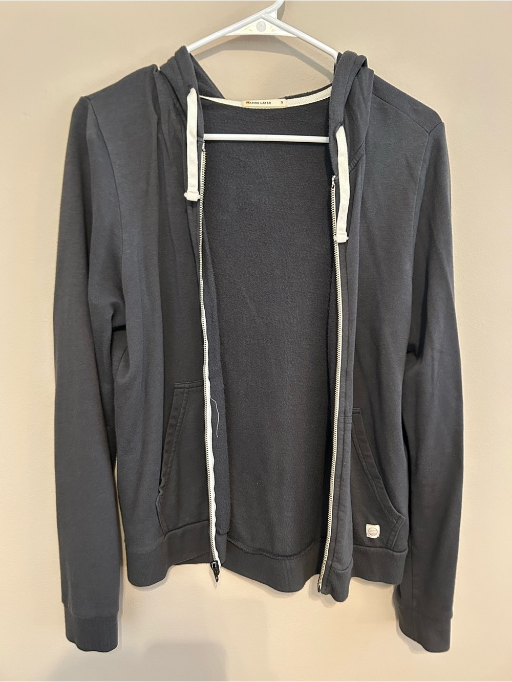 Marine Layer Dark Gray Zip-Up Hoodie with White Drawstrings